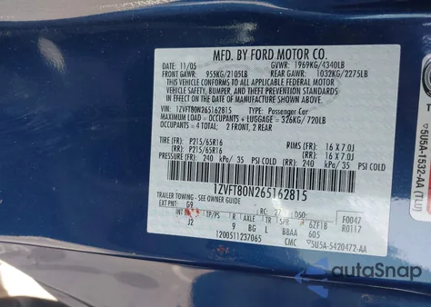 2006 Ford Mustang V6 z USA, uszkodzony, nr VIN 1ZVFT80N265162815